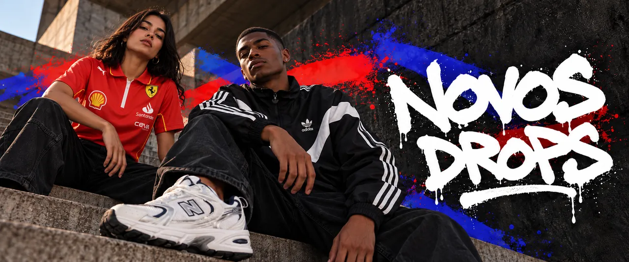 Novos drops: casal com camisa da Ferrari, jaqueta adidas e New Balance