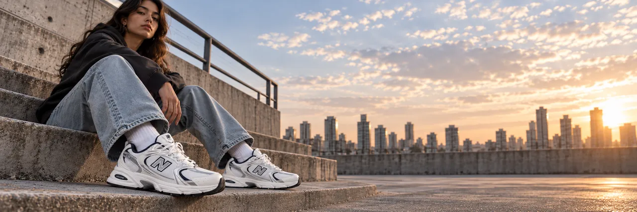 Mulher sentada na escada com New Balance 530