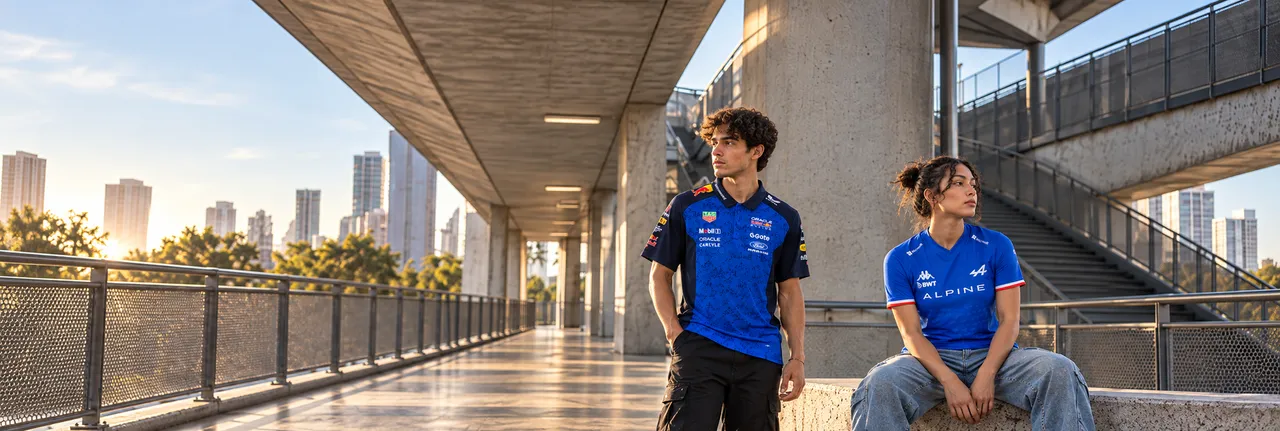 Casal com camisas de equipes de Fórmula 1