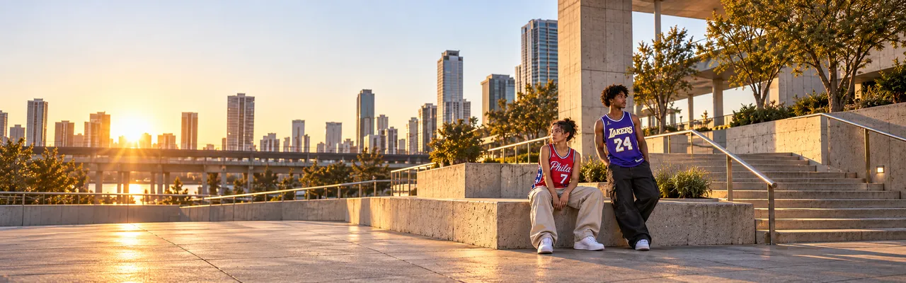Duas pessoas com camisas de basquete ao pôr do sol